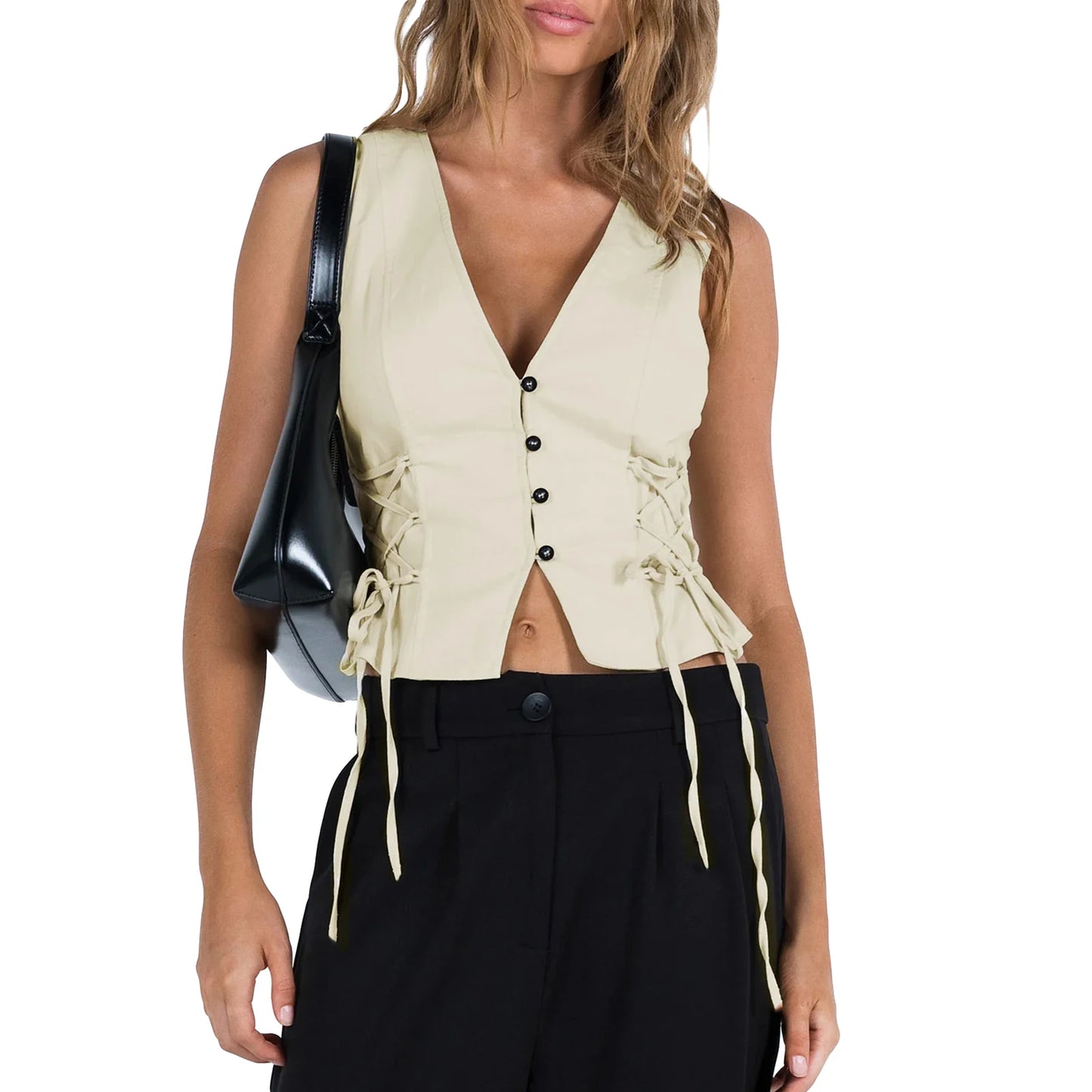 Women Summer Tank Tops Solid Color Front Button Vest Side Cross Tie Up Waistcoat Streetwear