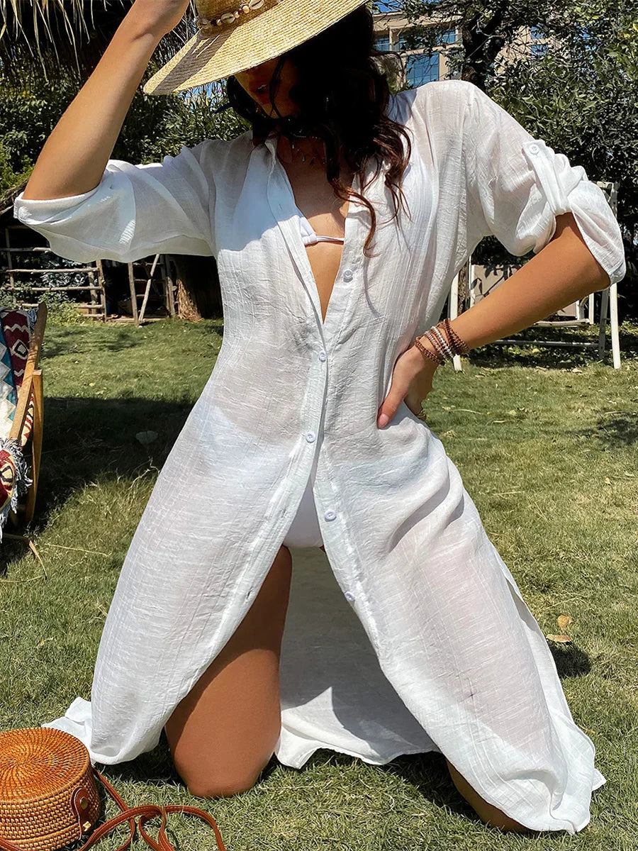 Women Loose Bikini Cover Up Solid Color Long Sleeve Button Down Shirt Cardigan Smock for Summer Swimsuit