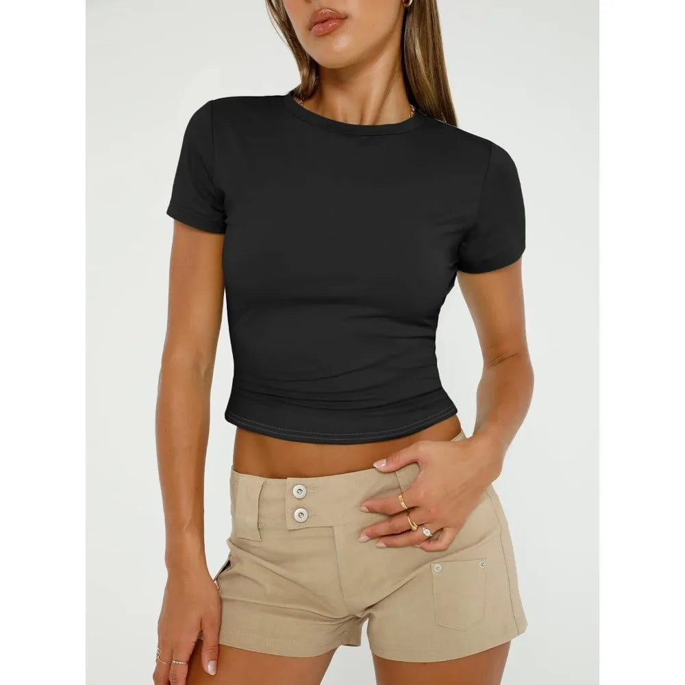 Womens Basic T Shirts Summer Outfits 2025 Scoop Neck Short Sleeve Crop Tops Slim Fit Tees Clothing