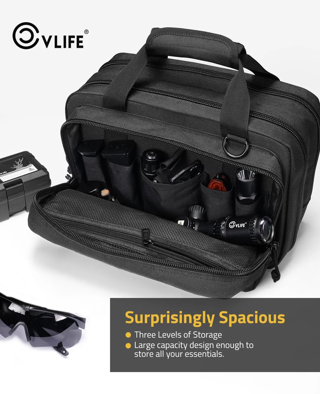 CVLIFE Tactical Gun Range Bag Case Pistol Handgun Lockable 3 Compartments Outdoor Shooting