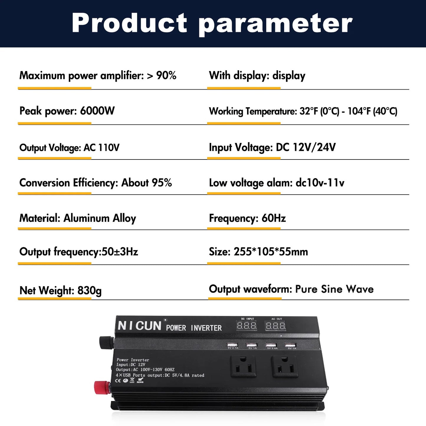 6000W Car Converter Power Inverter DC 12V To AC 110V Sine Wave Solar Power Converter LCD Home RV Solar Adapter 4 USB Ports
