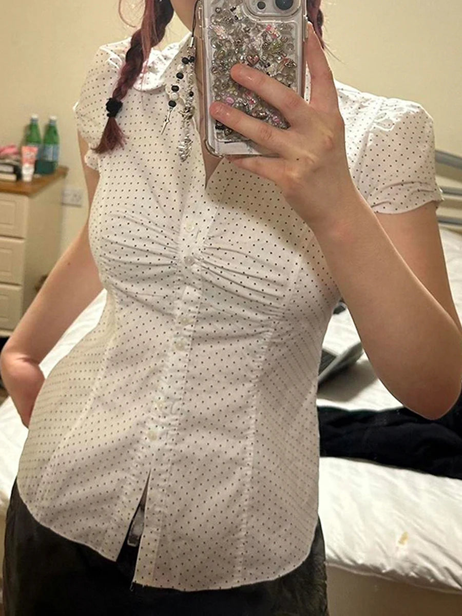 Women s Polka Dot Print Button Down Shirt with Short Sleeves Casual Blouse Top for Streetwear Fashion and Aesthetic Clothing