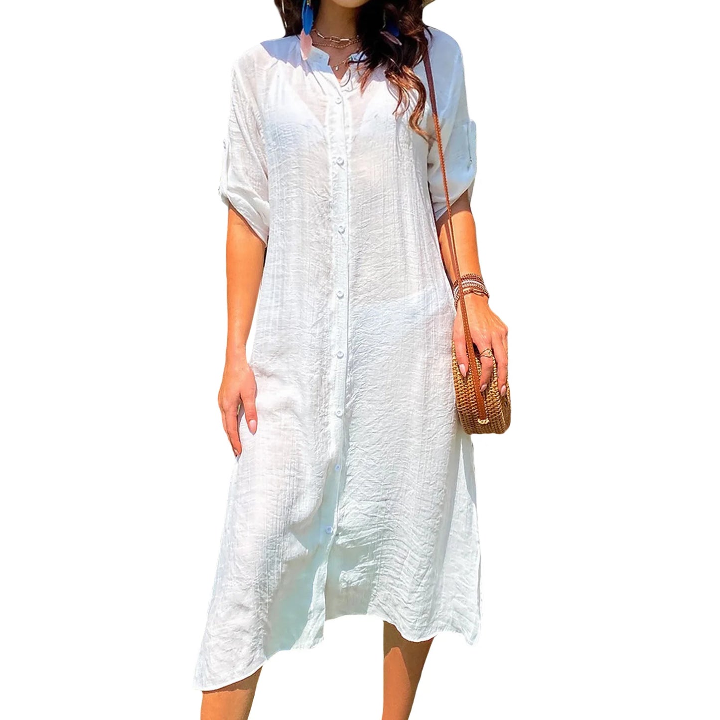 Women Loose Bikini Cover Up Solid Color Long Sleeve Button Down Shirt Cardigan Smock for Summer Swimsuit