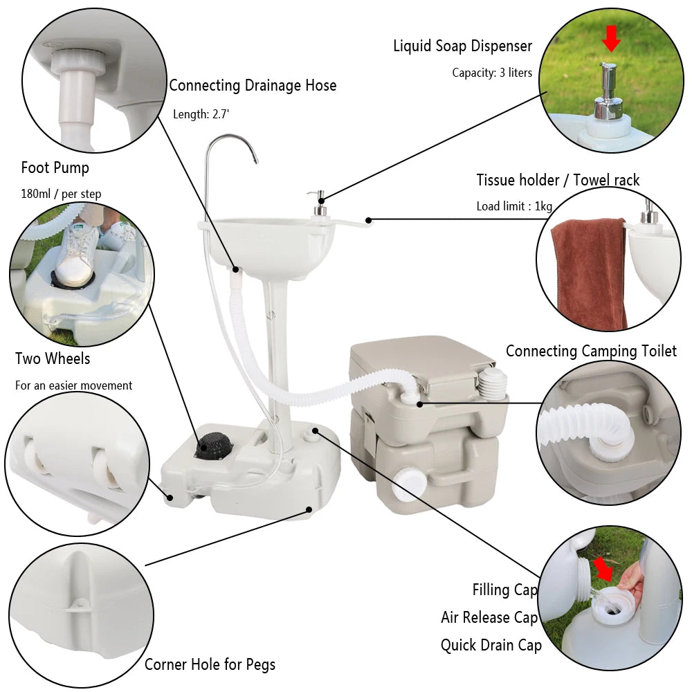 Outdoor Portable Camping Sink with Toilet, Standing Hand Wash Basin with Foot Pump and Water Tank, for RV, Travel, Fishing