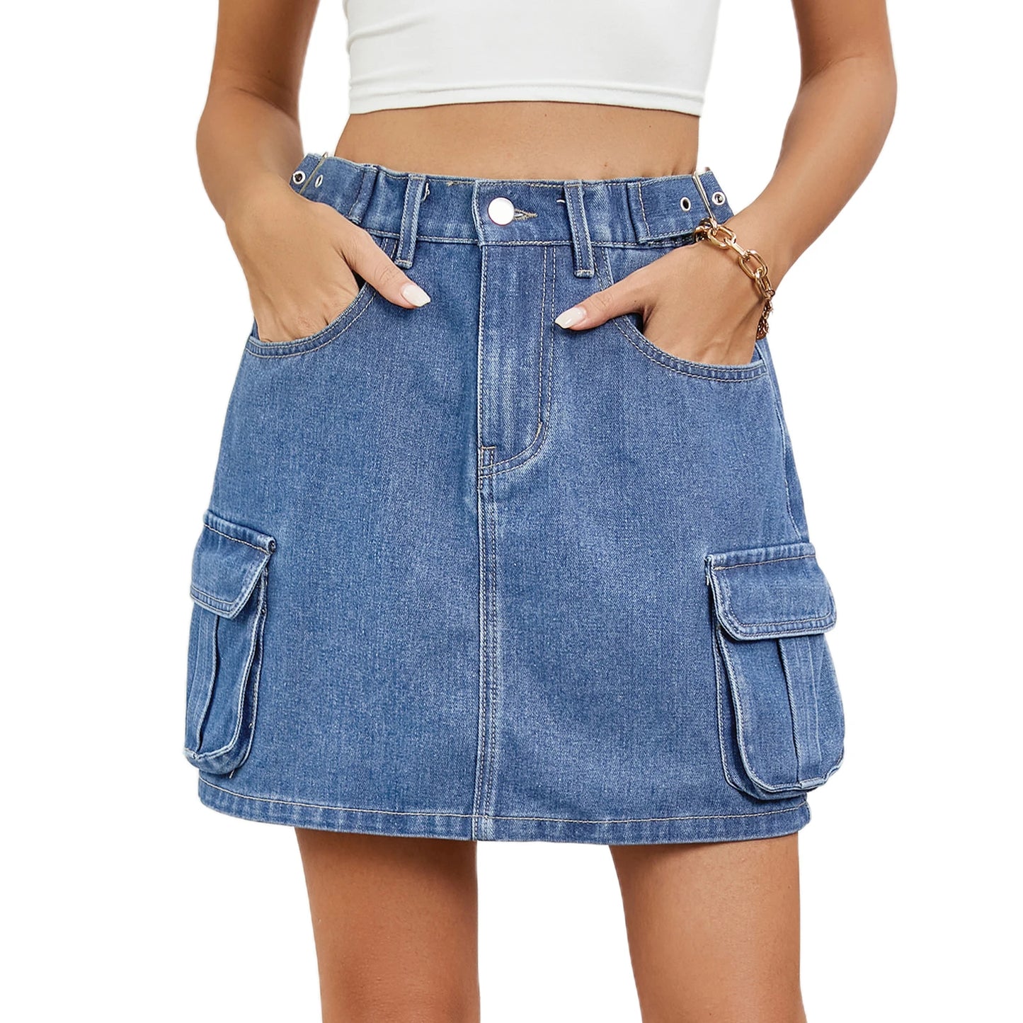 Ladies Denim Skirts in Classic Blue with Stylish Adjustable Waistband and Convenient Pockets - Trendy Summer Fashion Mini Skirt
