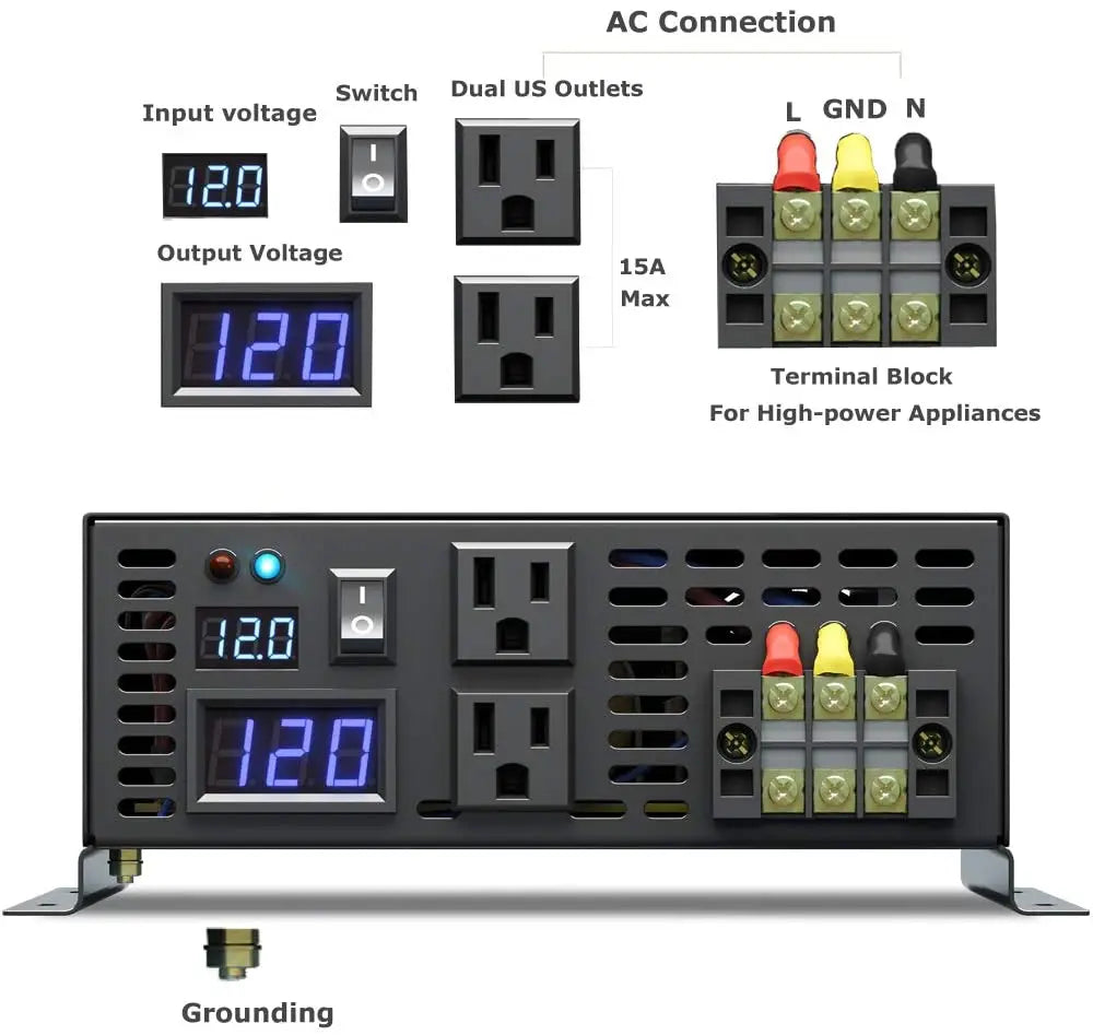 Pure Sine Wave Solar Inverter Power 2000W 12V 220V DC AC Converter 24V/48V to 110/120V/230V/240V