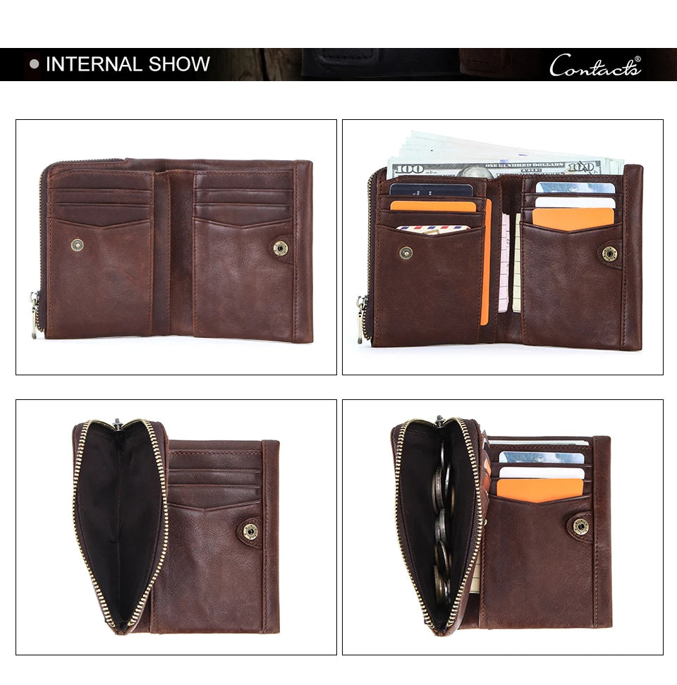 CONTACT'S Genuine Leather Mini Wallets for Men Vintage Card Holder Coin Purse Money Clip Name Engrave Customize Wallet DIY Gift