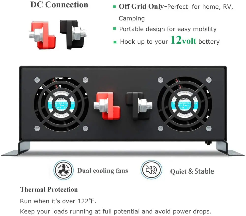 Pure Sine Wave Solar Inverter Power 2000W 12V 220V DC AC Converter 24V/48V to 110/120V/230V/240V