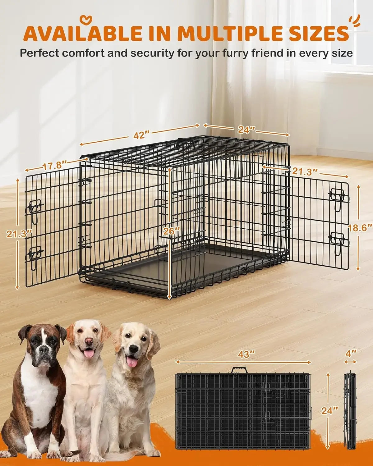 42 inch Dog Crate Double Door Dog Crate w/Divider Collapsible Metal Dog Crate