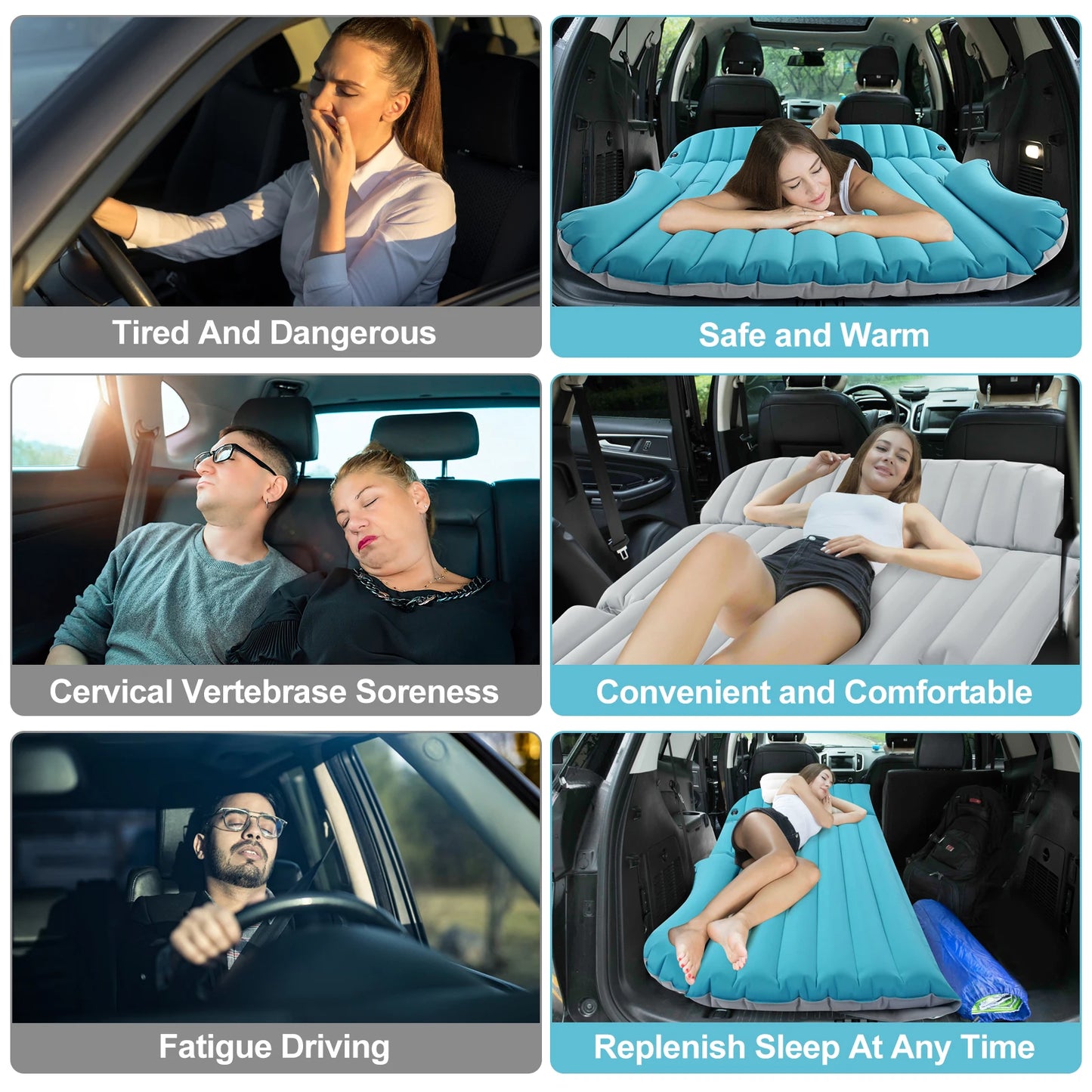 QDH SUV Air Mattress Double Sided Inflatable Camping Bed with Electric Pump for Trunk and Rear Seat Gray and Blue No Pillows