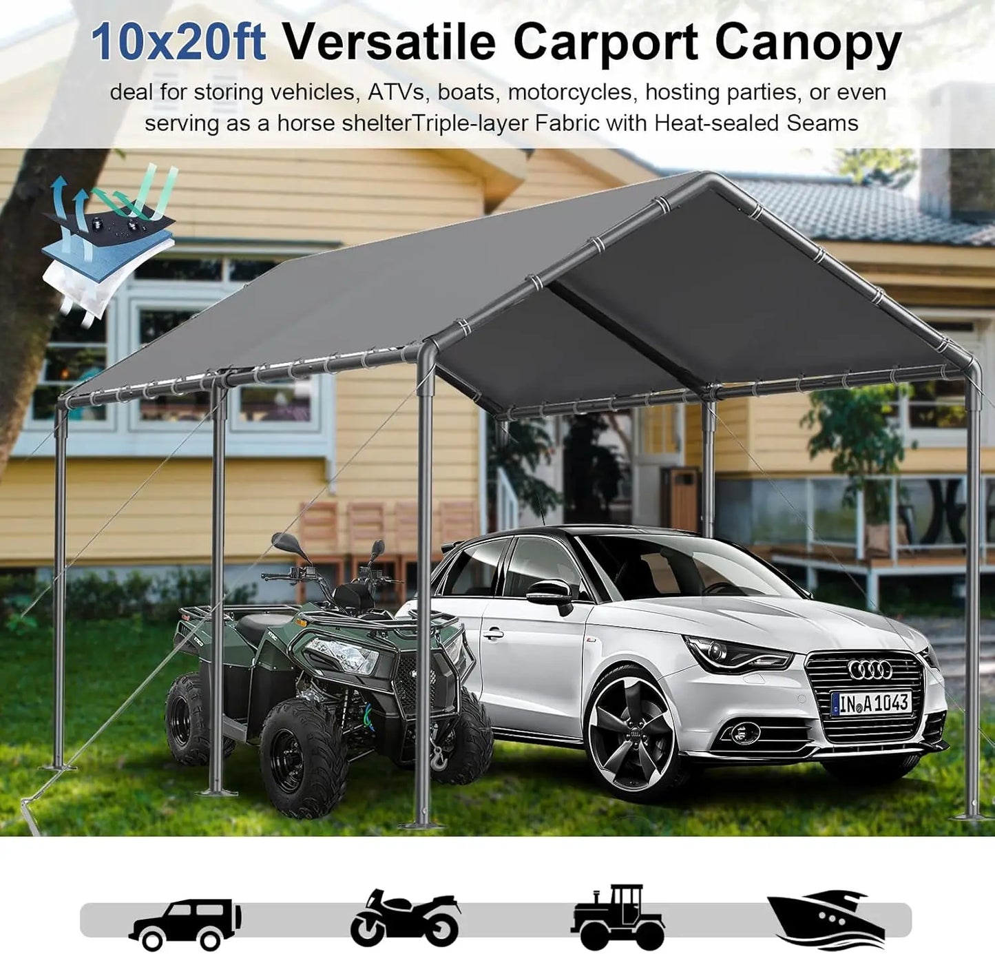 Outdoor Carport 10x20ft Heavy Duty Car Tent, Portable Garage Canopy Storage Shed, All-Season Tarp Tent for Car, Party (GY)