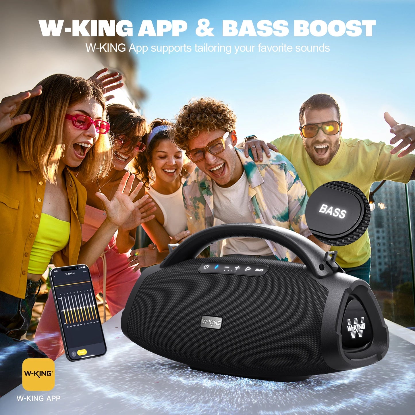 200W RMS Portable Bluetooth Speakers, Massive Bass Party Boombox IPX7 Waterproof