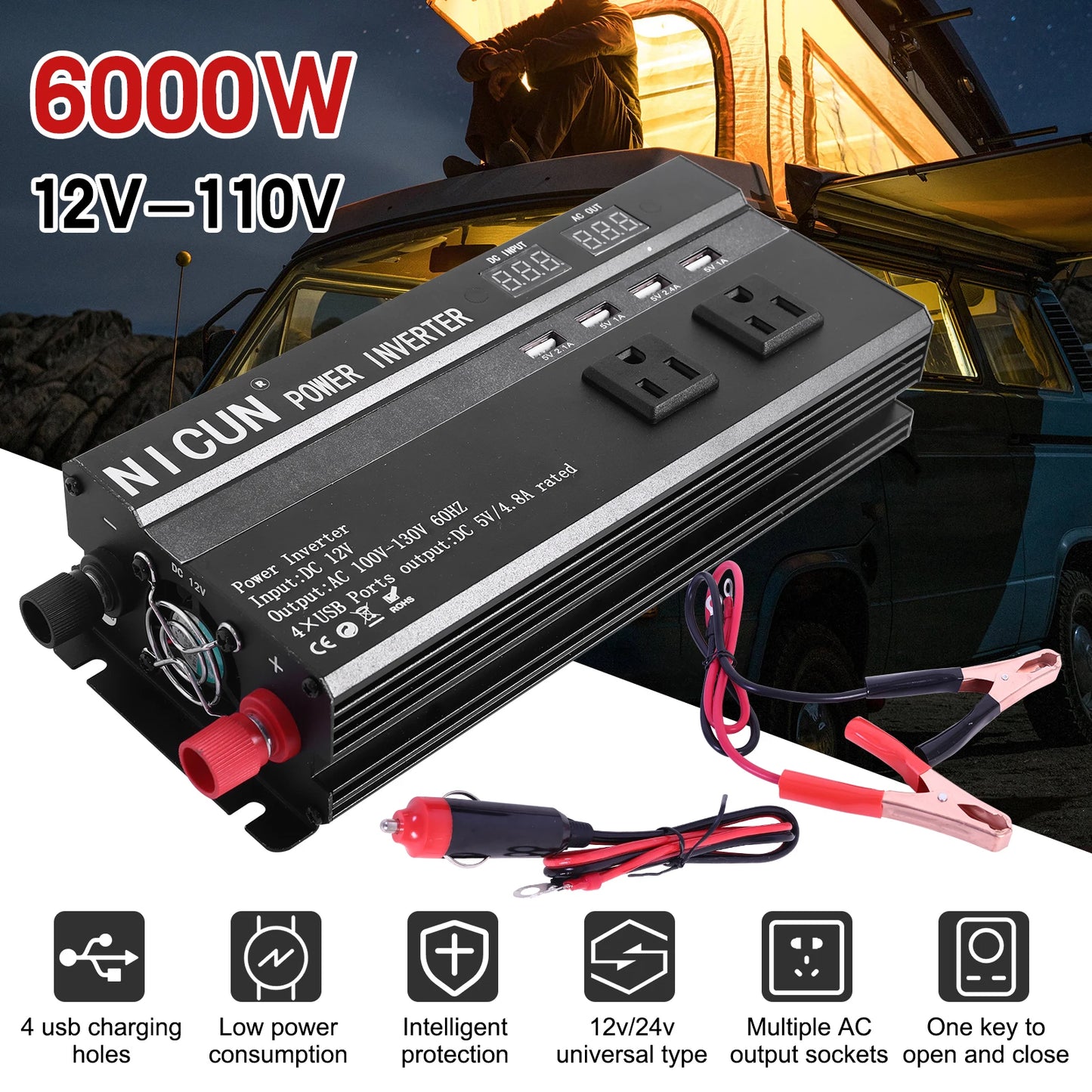 6000W Car Converter Power Inverter DC 12V To AC 110V Sine Wave Solar Power Converter LCD Home RV Solar Adapter 4 USB Ports