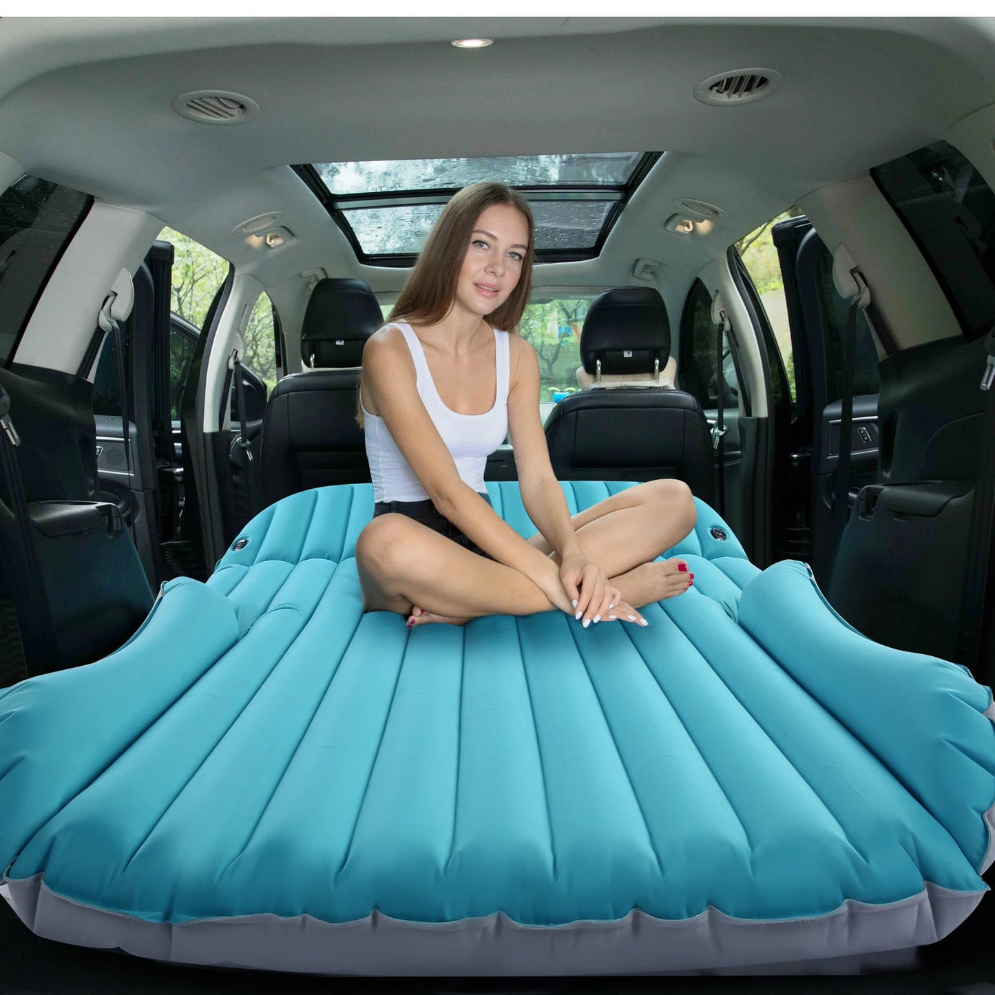 QDH SUV Air Mattress Double Sided Inflatable Camping Bed with Electric Pump for Trunk and Rear Seat Gray and Blue No Pillows