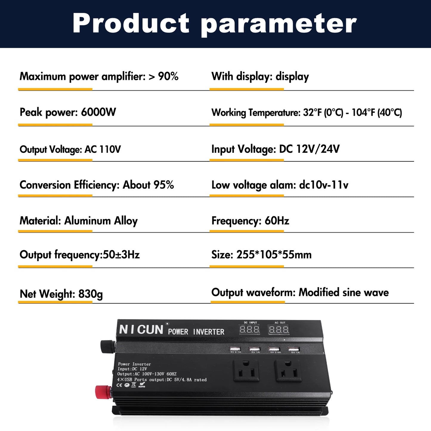 6000W Car Converter Power Inverter DC 12V To AC 110V Sine Wave Solar Power Converter LCD Home RV Solar Adapter 4 USB Ports