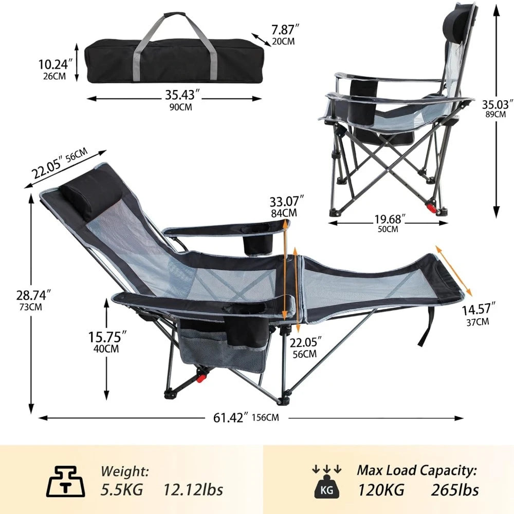 Reclining Camping Chair with Removable Footrest Lounge Chair with Headrest,