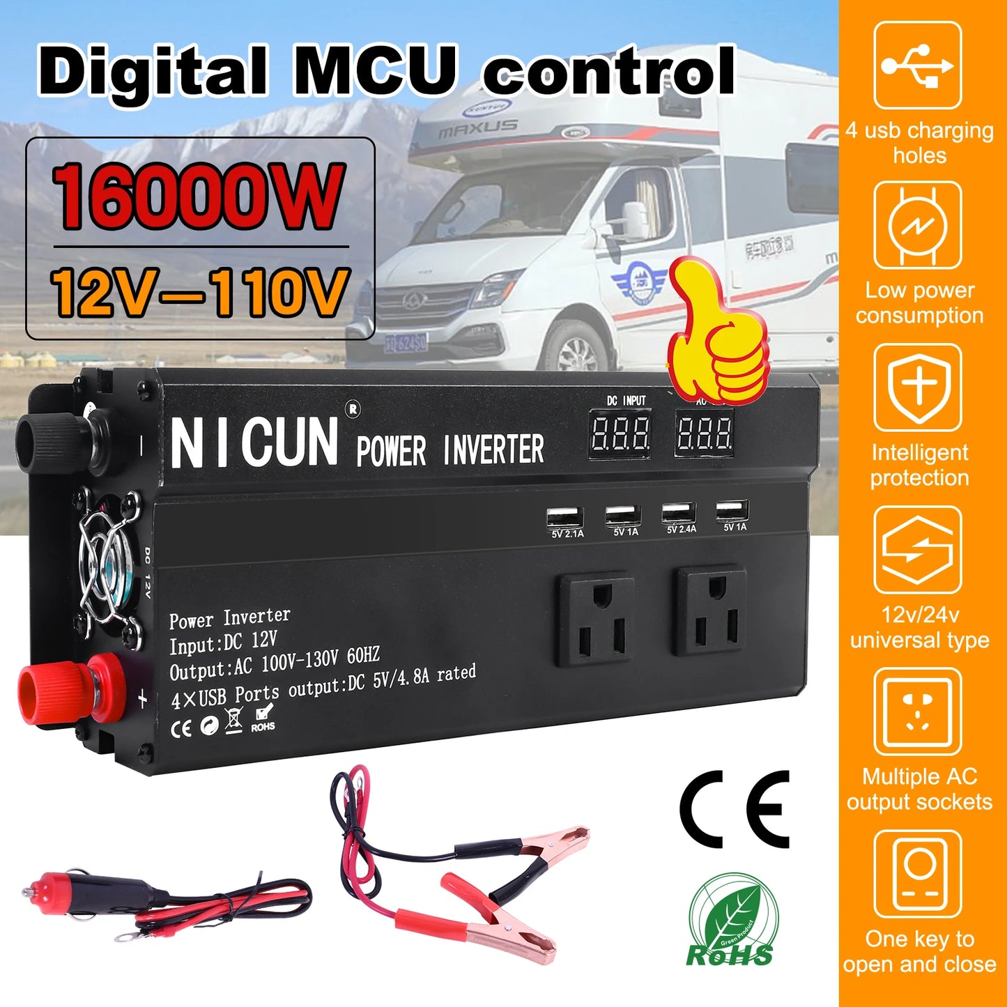 6000W Car Converter Power Inverter DC 12V To AC 110V Sine Wave Solar Power Converter LCD Home RV Solar Adapter 4 USB Ports
