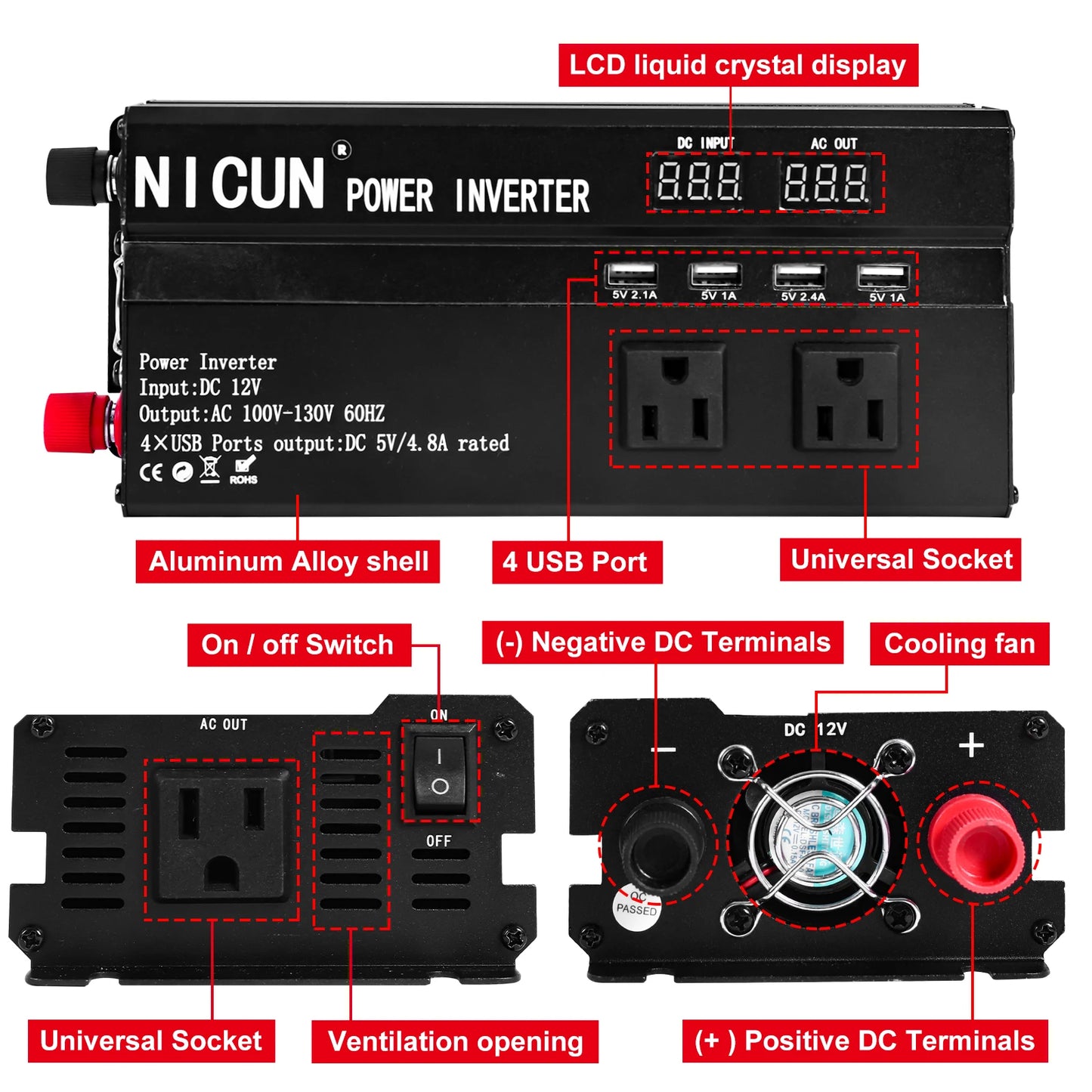 6000W Car Converter Power Inverter DC 12V To AC 110V Sine Wave Solar Power Converter LCD Home RV Solar Adapter 4 USB Ports