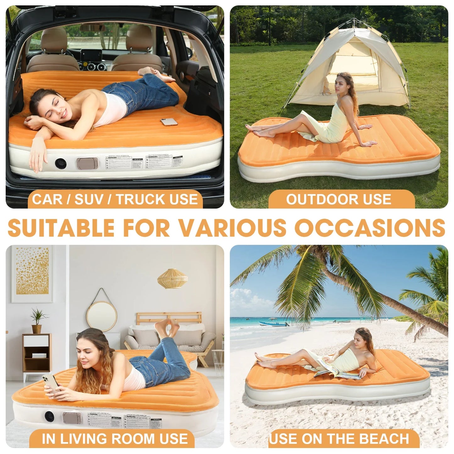 QDH SUV Air Mattress Double Size Thickened Flocked Car Mattress with Built-in Pump Portable Inflatable Bed 660lb Capacity