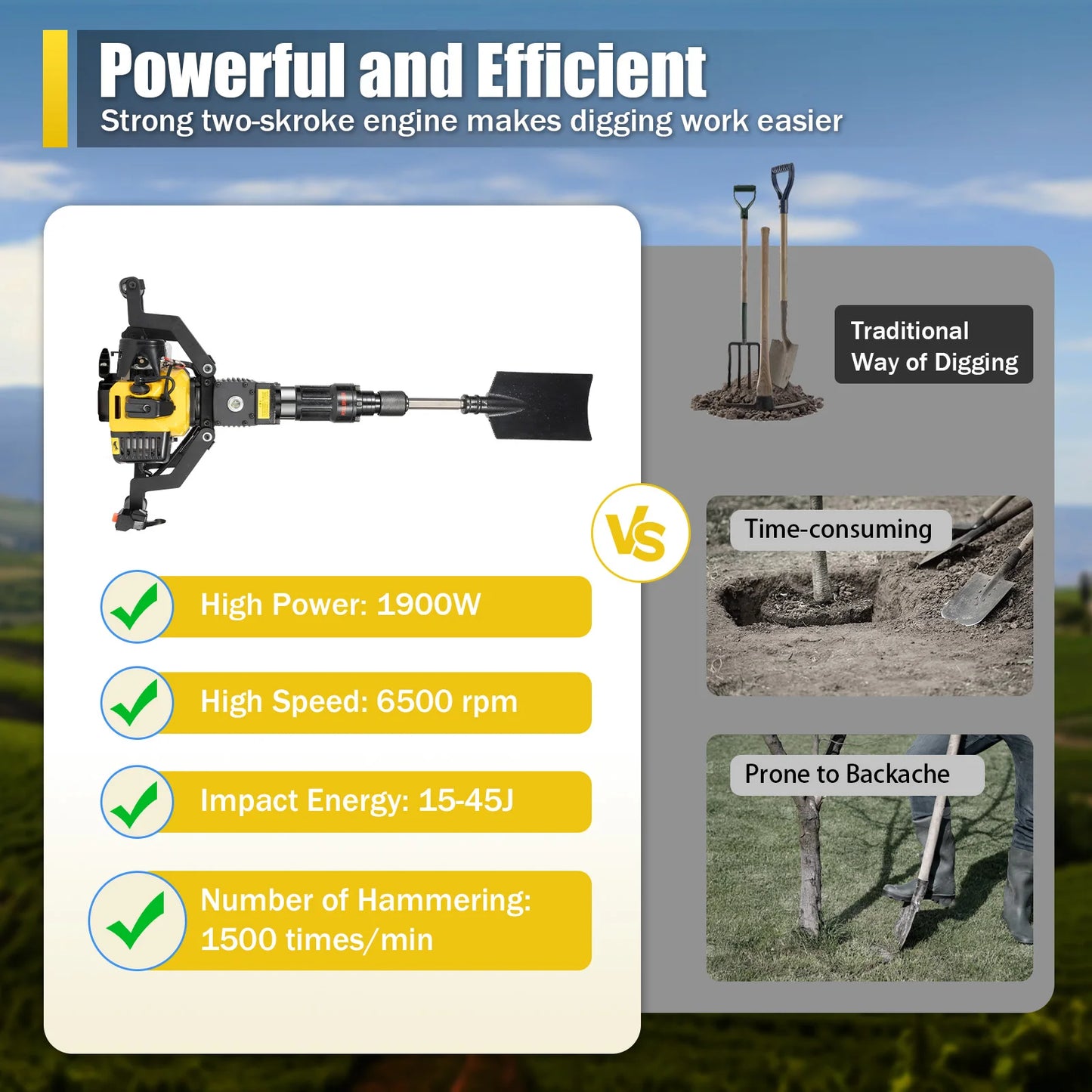 2-Stroke 52cc Portable Garden Tree Digging Machine with Shovel 6500r/min