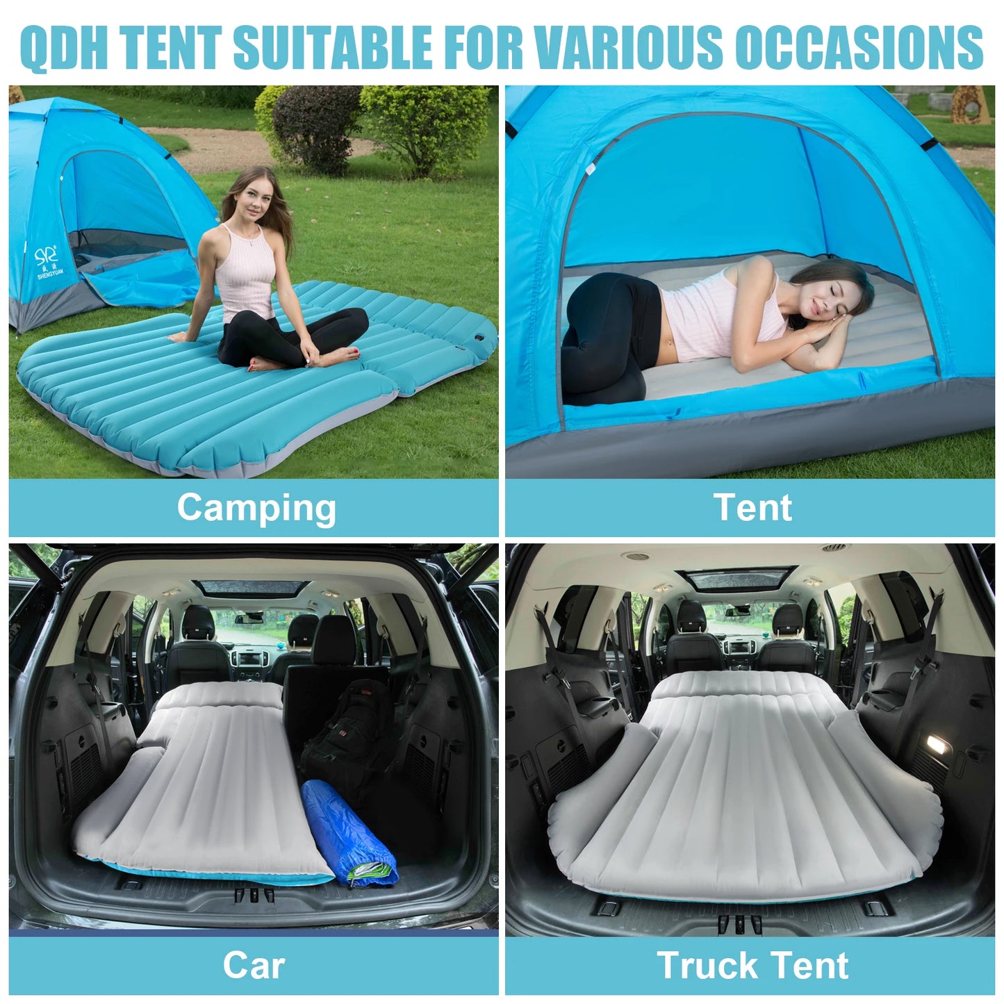 QDH SUV Air Mattress Double Sided Inflatable Camping Bed with Electric Pump for Trunk and Rear Seat Gray and Blue No Pillows