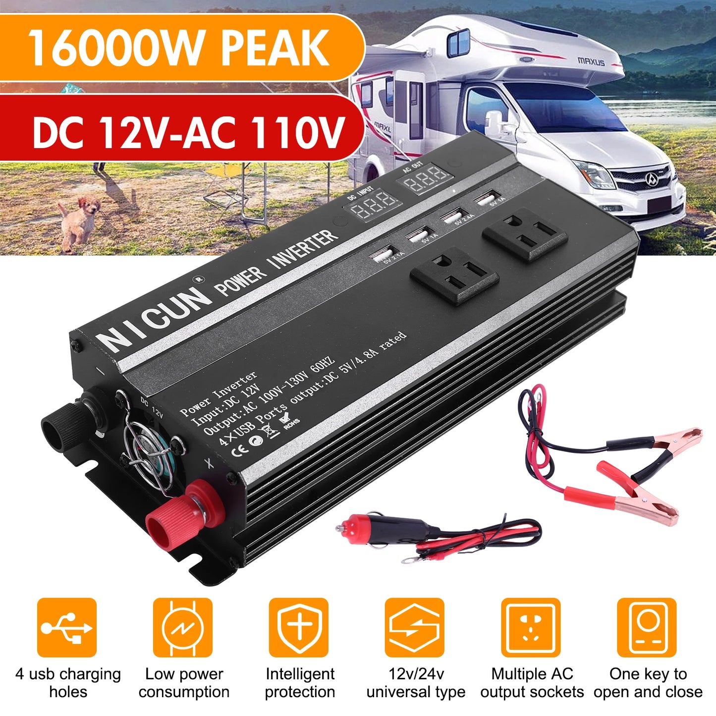 6000W Car Converter Power Inverter DC 12V To AC 110V Sine Wave Solar Power Converter LCD Home RV Solar Adapter 4 USB Ports