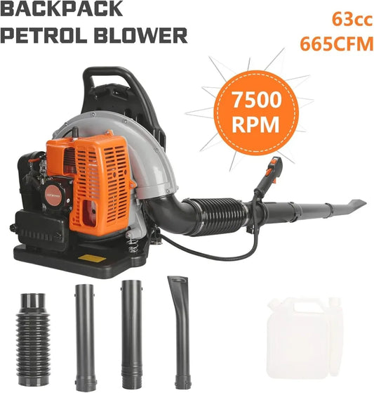 63CC 3HP 2 Stroke Backpack Gas Powered Leaf Blower, Grass Lawn Blower Air Cooling Gasoline Backpack