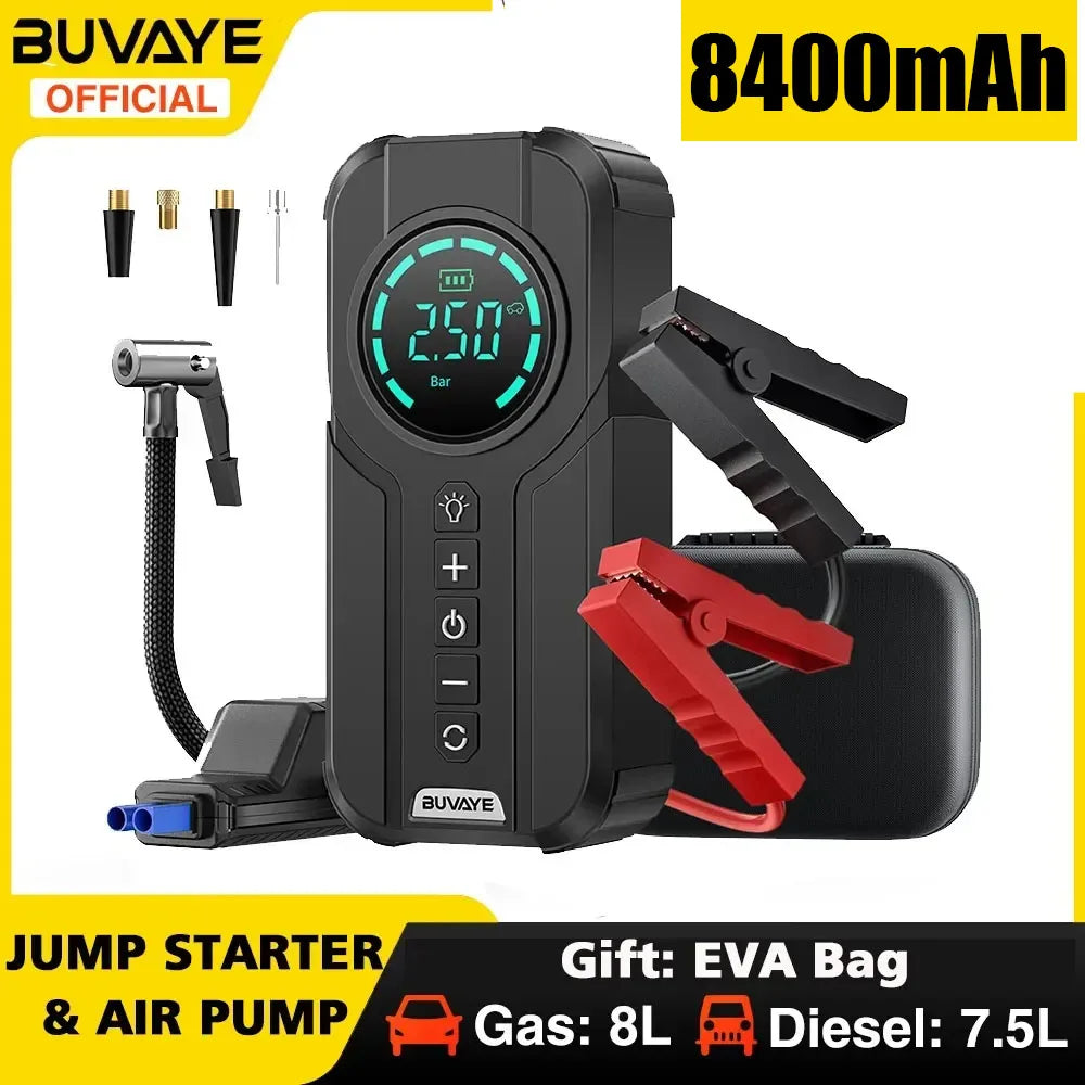 BUVAYE Car Jump Starter Air Pump Portable Air Compressor Multi-function Tire Inflator Auto Portable Battery Starter With EVA Bag