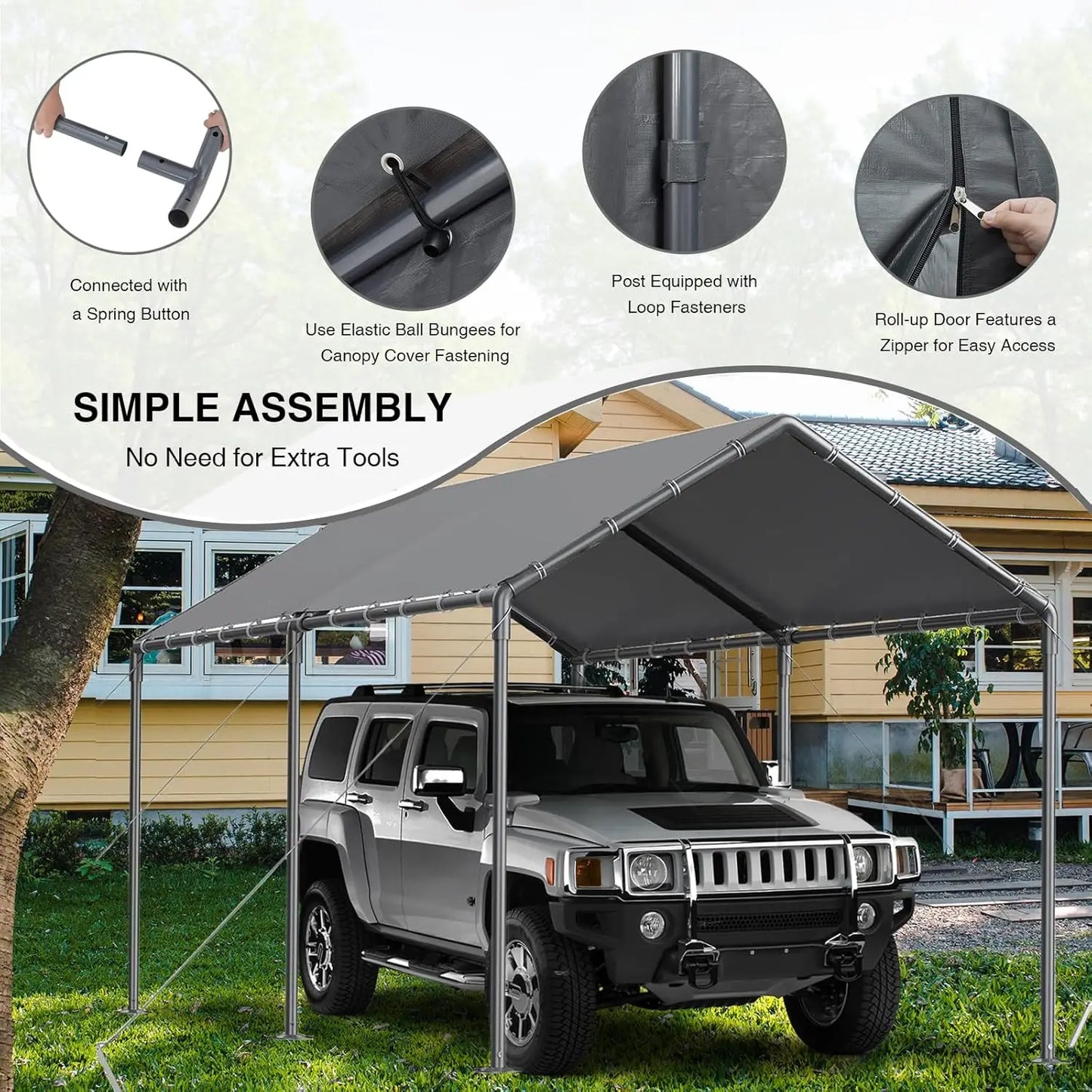 Outdoor Carport 10x20ft Heavy Duty Car Tent, Portable Garage Canopy Storage Shed, All-Season Tarp Tent for Car, Party (GY)