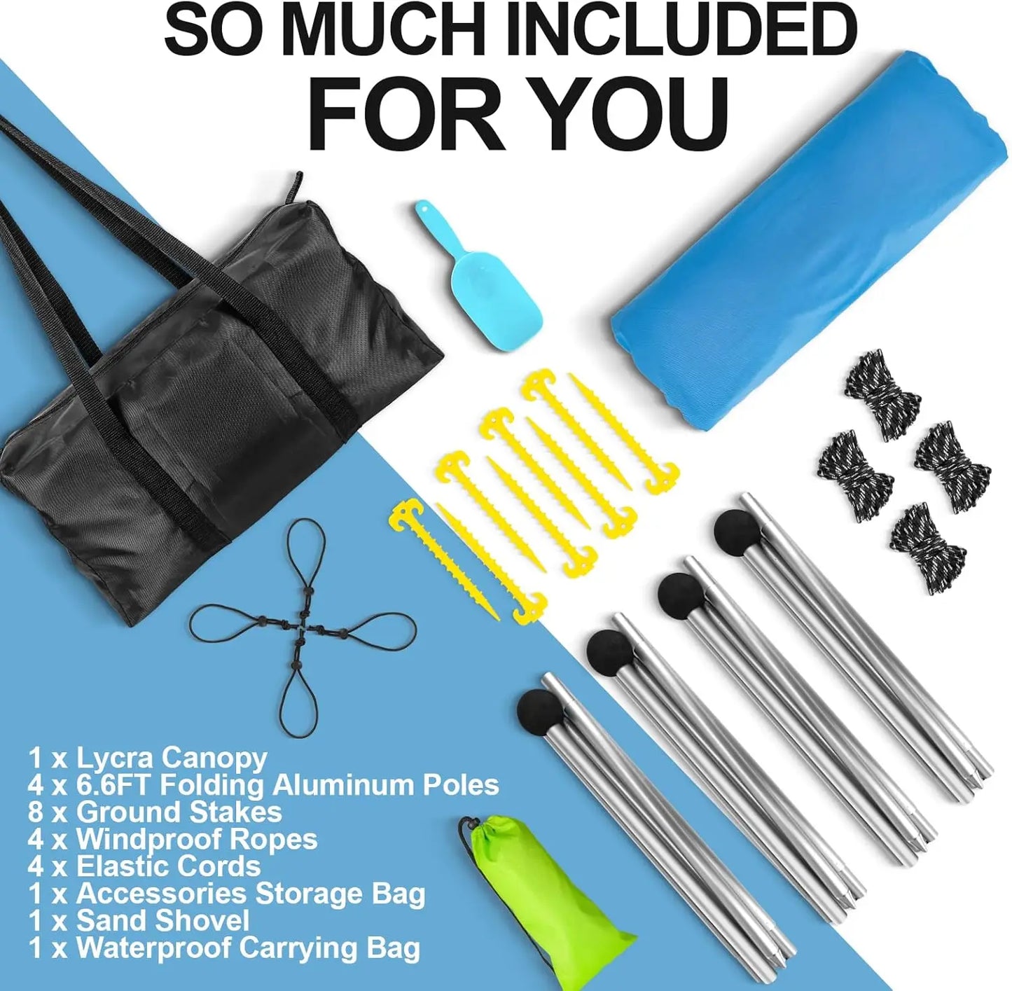 Sunshade tent UPF50+ with 4 foldable poles - portable carrying bag ground nails - windbreak rope for outdoor camping - picnic