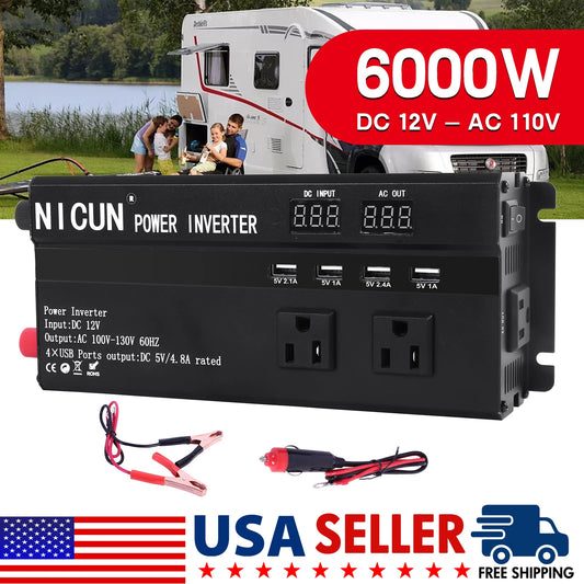 6000W Car Converter Power Inverter DC 12V To AC 110V Sine Wave Solar Power Converter LCD Home RV Solar Adapter 4 USB Ports