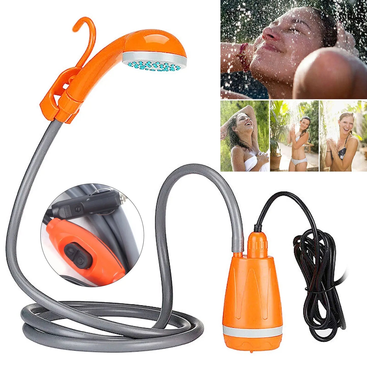 62W 12V Portable Outdoor Shower Head Water Pump Camping Hiking