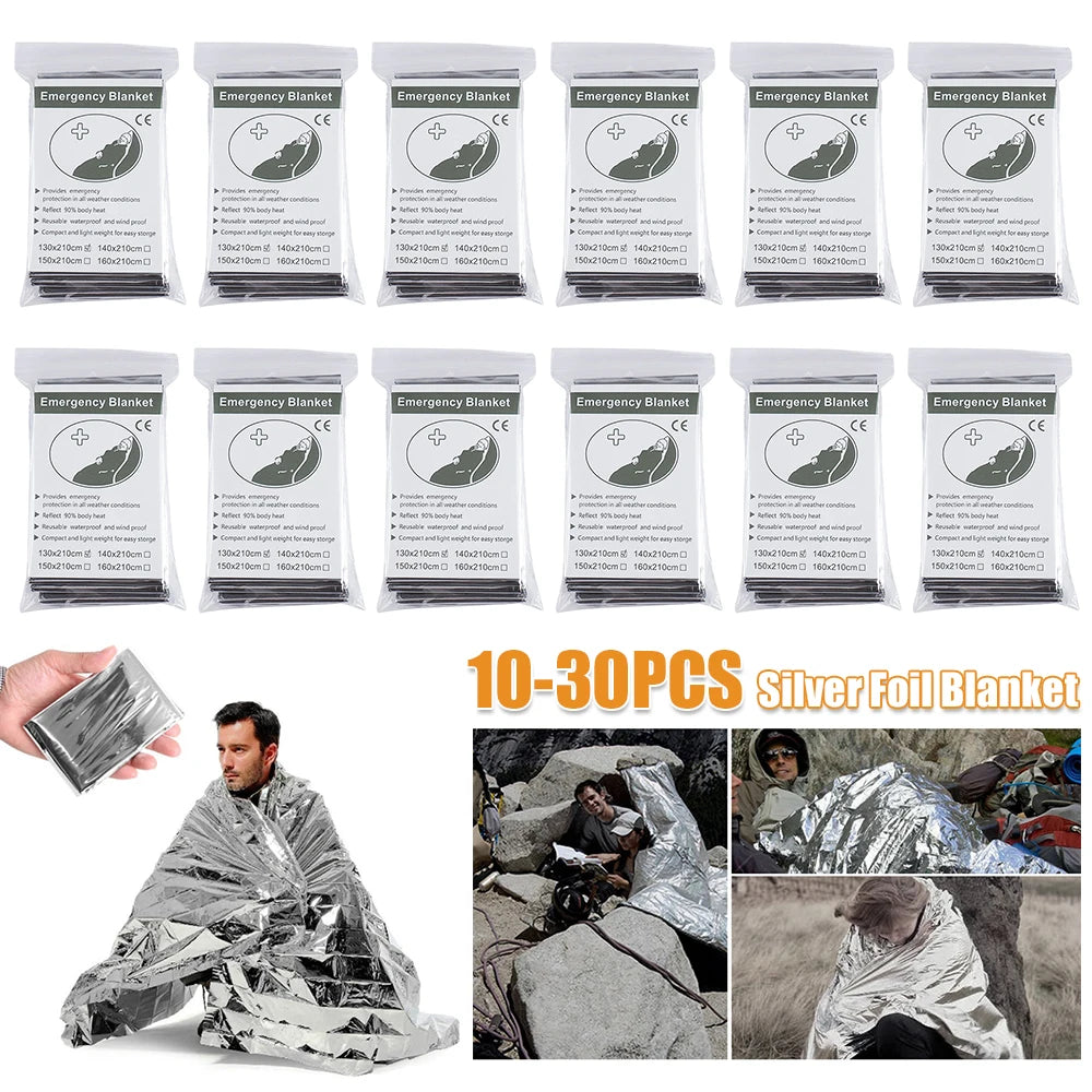 30-10PCS Emergency Thermal Poncho Blanket Lightweight Folding Water Resistant Windproof Sunshade First Aid Camping Mat Pad Cover