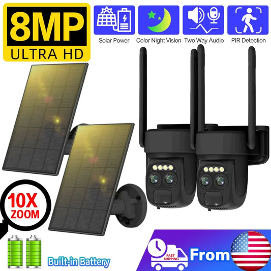 4K Wireless Outdoor PTZ Solar IP Security Camera 10X Zoom 8MP Dual Lens WiFi CCTV