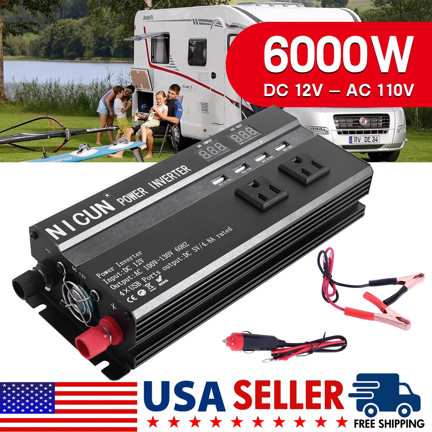 6000W Car Converter Power Inverter DC 12V To AC 110V Sine Wave Solar Power Converter LCD Home RV Solar Adapter 4 USB Ports